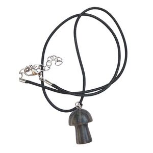 Hand Carved Stone Mushroom Pendant Necklace Black Cord Cottagecore Boho Jewelry